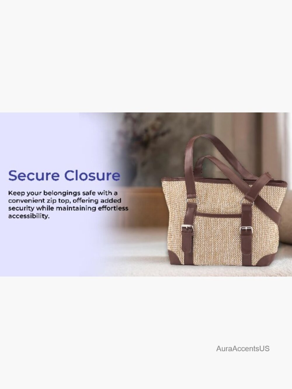 Straw Woven Shoulder Bag with Multiple Pockets Top Zip Closure - Picture 7 of 7